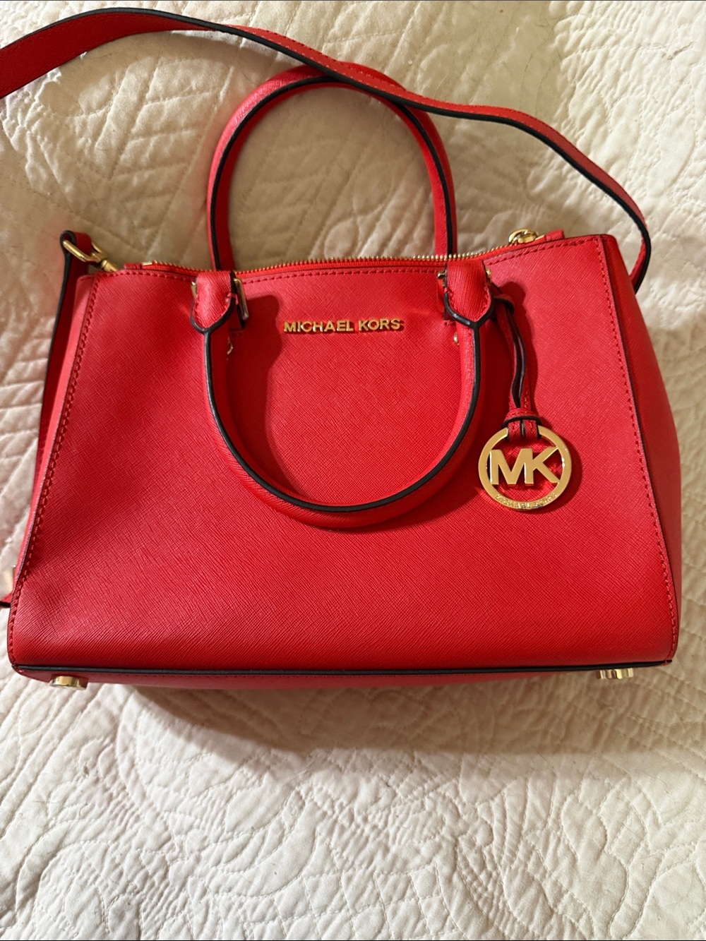 Michael Kors Red Saffiano Leather Satchel with Gold MK Charm